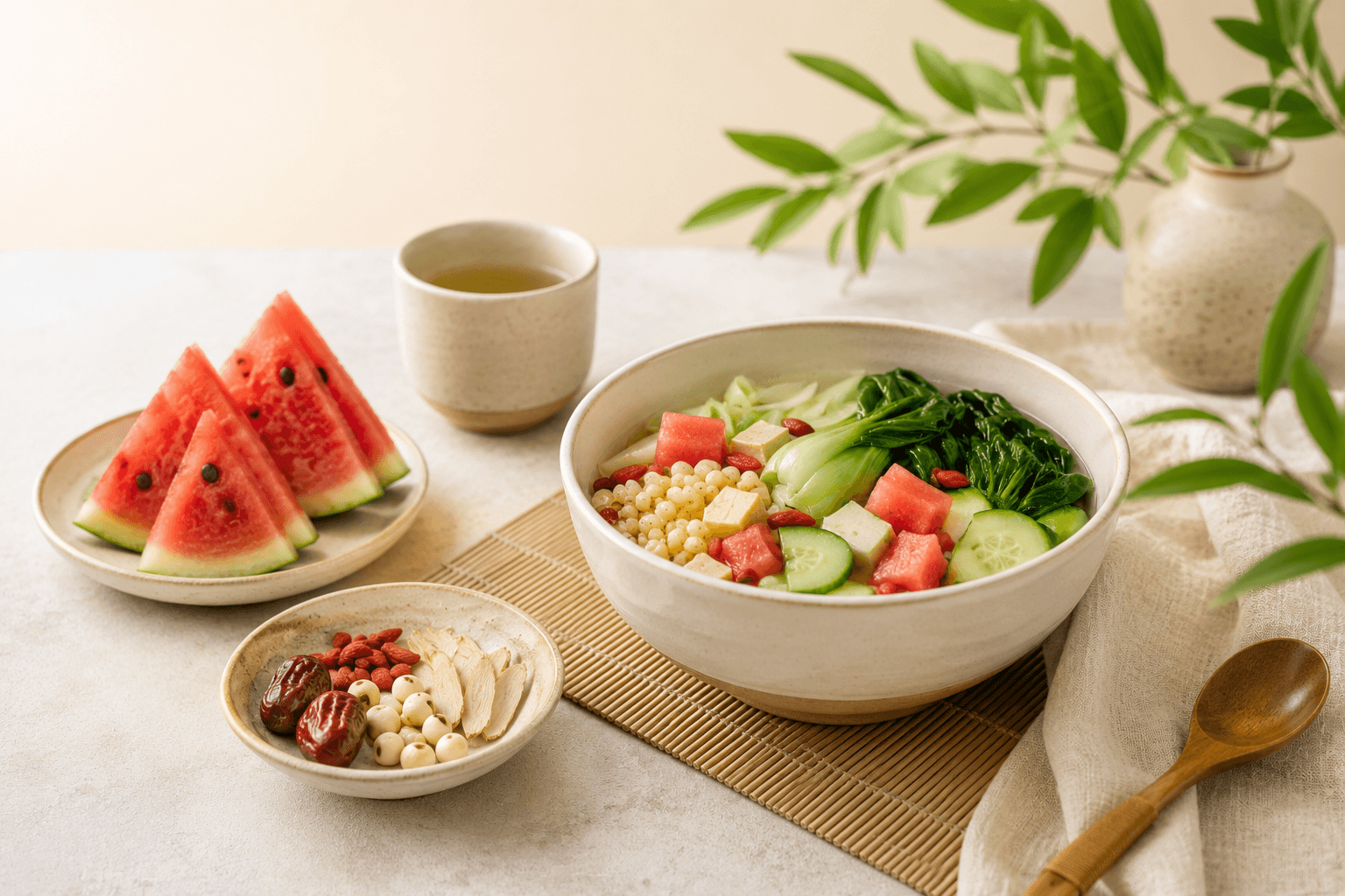 Sommerliche Illustration mit kühlenden Lebensmitteln aus der chinesischen Diätetik
